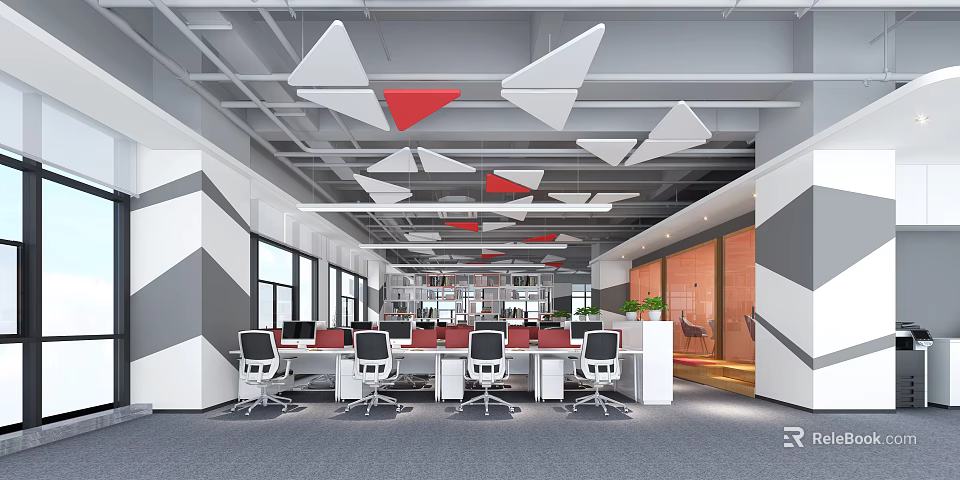 Modern Public Office Space with Geometric Ceiling Decor Open Layout Work Desks and Office Chairs 3d model 