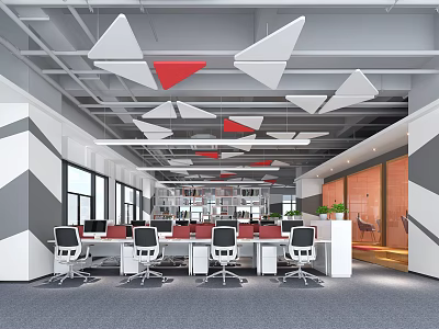 Modern Public Office Space with Geometric Ceiling Decor Open Layout Work Desks and Office Chairs 3d model