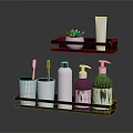 Bathroom Essentials On Wooden Shelf With Cups Bottles Plant And Tube