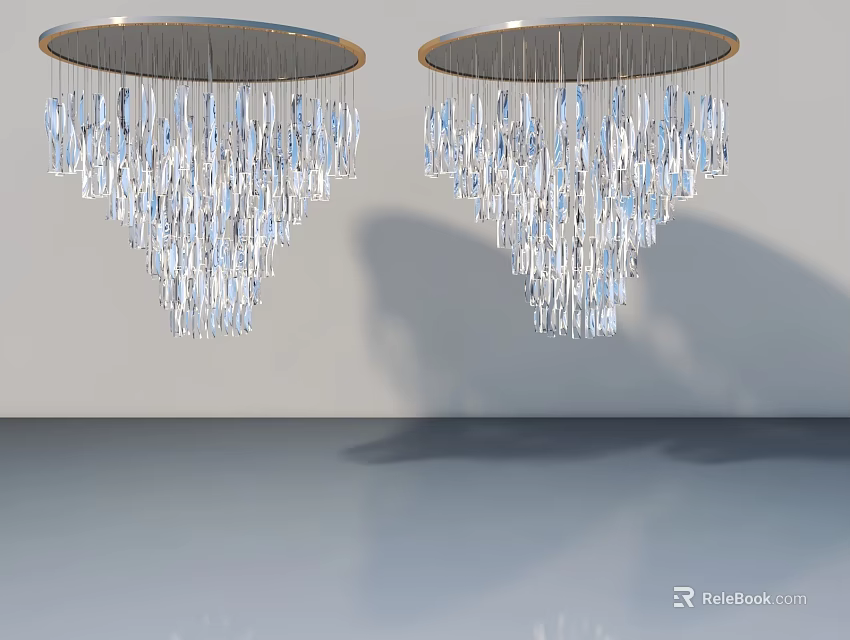 Modern Round Crystal Chandeliers With Hanging Crystals And Floor Reflection Design 3d model 
