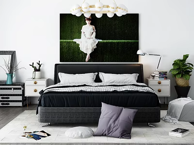 Black Double Bed with White Nightstands Large Green Grass Painting and Decorative Pillows 3d model