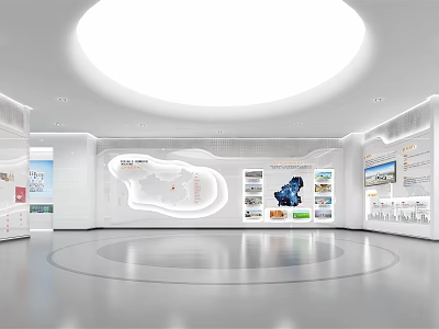 Modern Bright Exhibition Hall Interior With Circular Ceiling Light And Display Walls 3d model