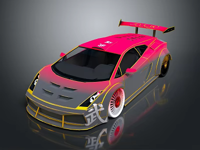 Car With Pink Gray Gradient Yellow Accents Red Rear Spoiler Red Wheels And Character Wu 3d model