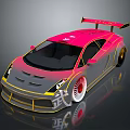 Car With Pink Gray Gradient Yellow Accents Red Rear Spoiler Red Wheels And Character Wu