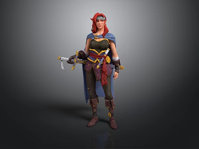 Red Haired Female Fantasy Warrior Wearing Decorative Outfit With Axe And Cloak 3d model