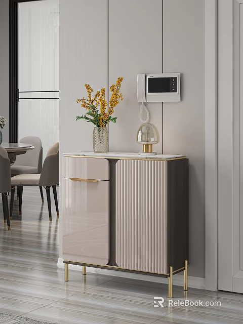 Modern Light Colored Sideboard With Ribbed Design Vase Yellow Flowers And Microwave In Dining Room 3d model 