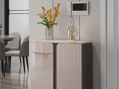 Modern Light Colored Sideboard With Ribbed Design Vase Yellow Flowers And Microwave In Dining Room 3d model