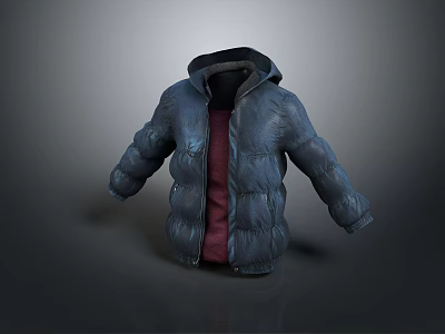 Warm Modern Hooded Blue Puffer Jacket With Red Inner Layer Design 3d model