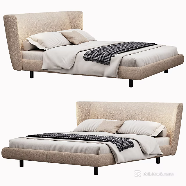 Modern Upholstered Double Bed With Beige Headboard Soft Pillows And Cozy Bedding 3d model 