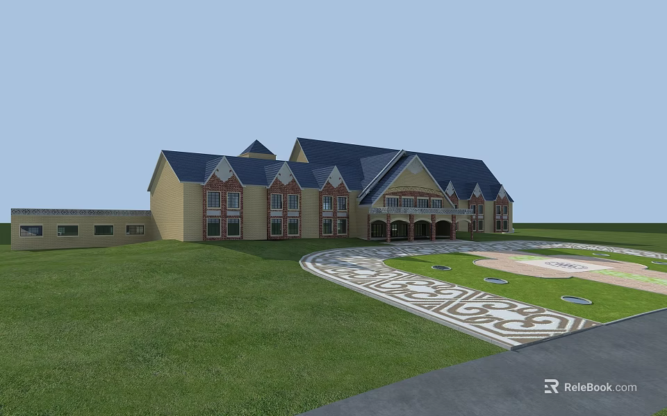 Traditional Tourist Center With Yellow Facade Blue Roof Green Lawn And Ornate Pathway 3d model 