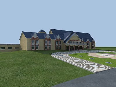 Traditional Tourist Center With Yellow Facade Blue Roof Green Lawn And Ornate Pathway 3d model