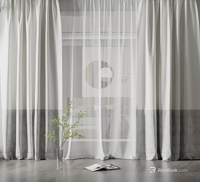 White and Gray Modern Layered Curtains with Sheer Panel and Green Branch by Window 3d model 