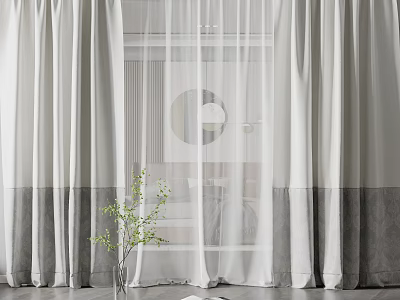 White and Gray Modern Layered Curtains with Sheer Panel and Green Branch by Window 3d model