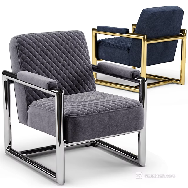 Modern Gray And Navy Blue Accent Chairs With Metal Frame And Quilted Stitching 3d model 