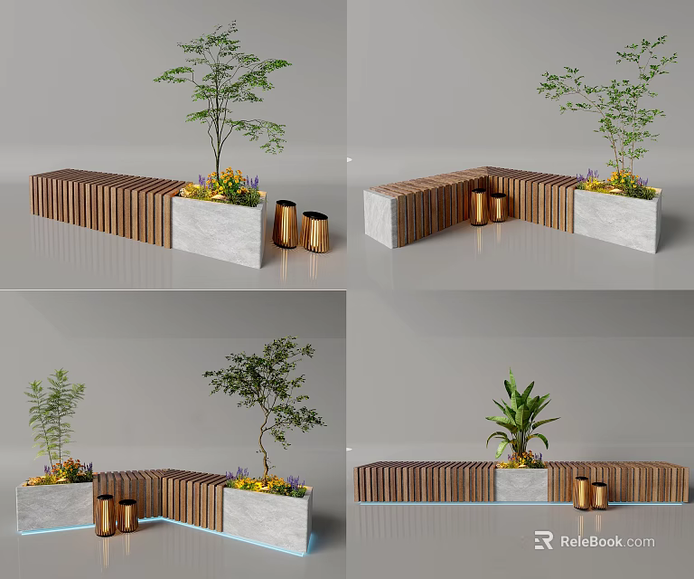Wooden Landscape Seat With Planters And Green Plants For Outdoor Areas 3d model 