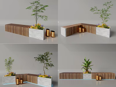 Wooden Landscape Seat With Planters And Green Plants For Outdoor Areas 3d model