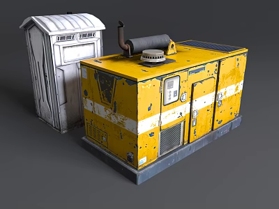 Yellow Weathered Generator With Exhaust Pipe And White Small Shed In Outdoor Scene 3d model