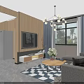 Modern Living Dining Room Interior With Wooden Walls Grey Sofa And Geometric Rug