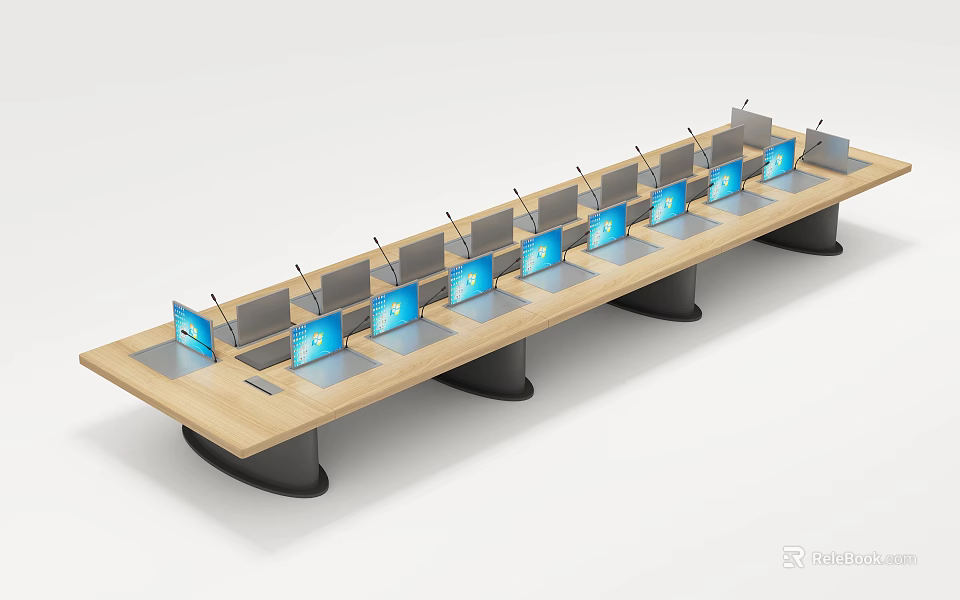 Modern Conference Table With Multiple Laptops And Lit Blue Screens And Microphones In Meeting Room 3d model 