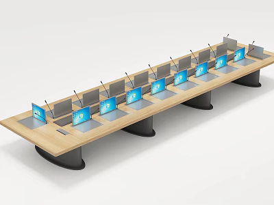 Modern Conference Table With Multiple Laptops And Lit Blue Screens And Microphones In Meeting Room 3d model
