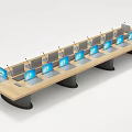 Modern Conference Table With Multiple Laptops And Lit Blue Screens And Microphones In Meeting Room