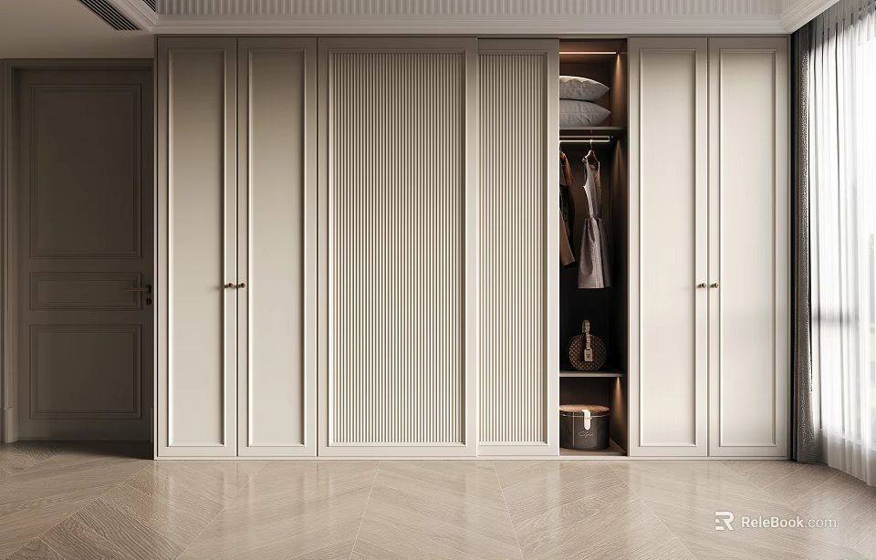 Modern Elegant Wardrobe with Sliding Vertical Striped Doors Hanging Area and Storage Shelves 3d model 