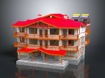 Cartoon Style Three Story Building With Red Roof Wooden Balconies Stone Walls And Solar Panels 3d model