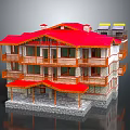 Cartoon Style Three Story Building With Red Roof Wooden Balconies Stone Walls And Solar Panels