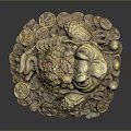 Golden Reptile Figurine With Red Eyes Surrounded By Ancient Copper Coins