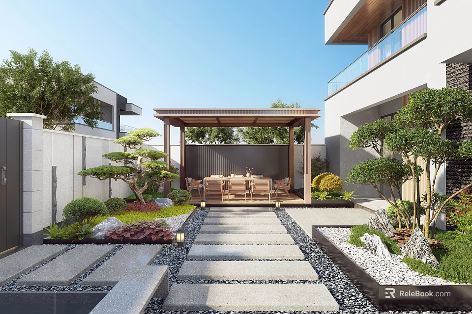 Modern Courtyard Garden With Wooden Pergola Stone Pathway Seating And Lush Green Plants 3d model 