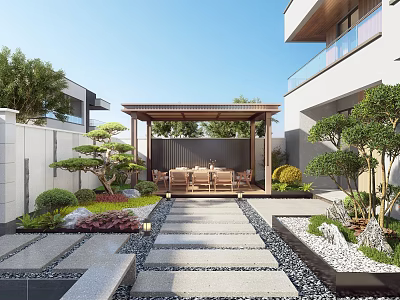 Modern Courtyard Garden With Wooden Pergola Stone Pathway Seating And Lush Green Plants 3d model