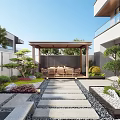 Modern Courtyard Garden With Wooden Pergola Stone Pathway Seating And Lush Green Plants