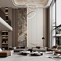 Modern Duplex Living Room Interior With Marble Feature Wall Chandelier And Large Windows