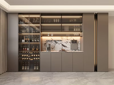 Modern Wine Cabinet With Glass Display Shelves Wine Bottles And Marble Countertop 3d model
