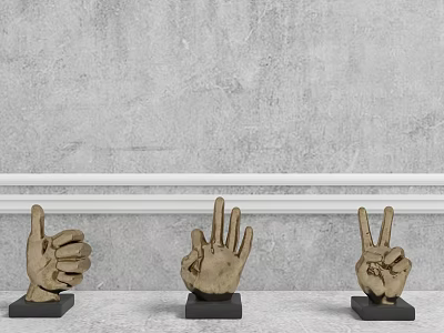 Three Different Hand Gesture Sculptures With Black Bases On Gray Wall Background 3d model