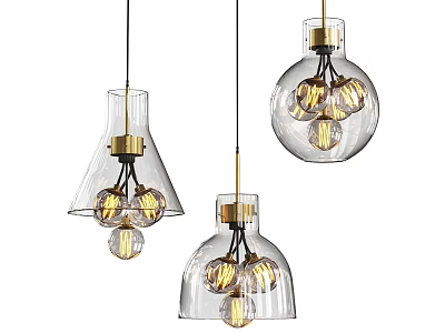 Modern Glass Chandelier Lighting Design With Gold Accents Visible Bulbs And Various Shapes 3d model