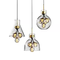 Modern Glass Chandelier Lighting Design With Gold Accents Visible Bulbs And Various Shapes