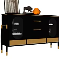 Stylish Black Entryway Sideboard with Glass Doors Golden Accents and Decorative Top Items