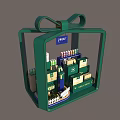 Green Gift Box Shaped Display Cabinet with OLAY Products Shelves and White Fence