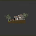 Cartoon Countryside Scene With Small House Rusty Roof Trees Black Dog And Old Truck