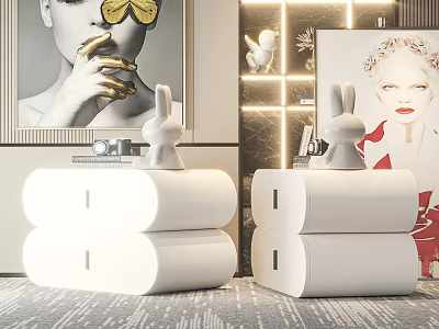 White Modern Minimalist Bedside Tables With Rabbit Decorations And Warm Lighting 3d model