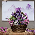Basket with Purple and Pink Flowers on Wooden Table Painting Purple Mountains Flying Birds