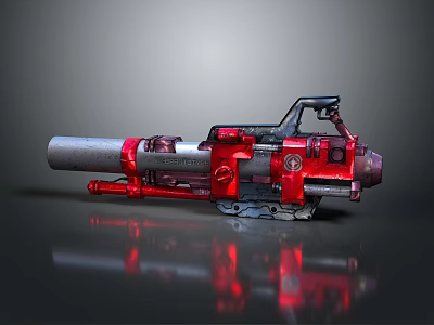 Futuristic Mechanical Weapon With Red And Silver Metallic Finish And Cannon Barrel 3d model