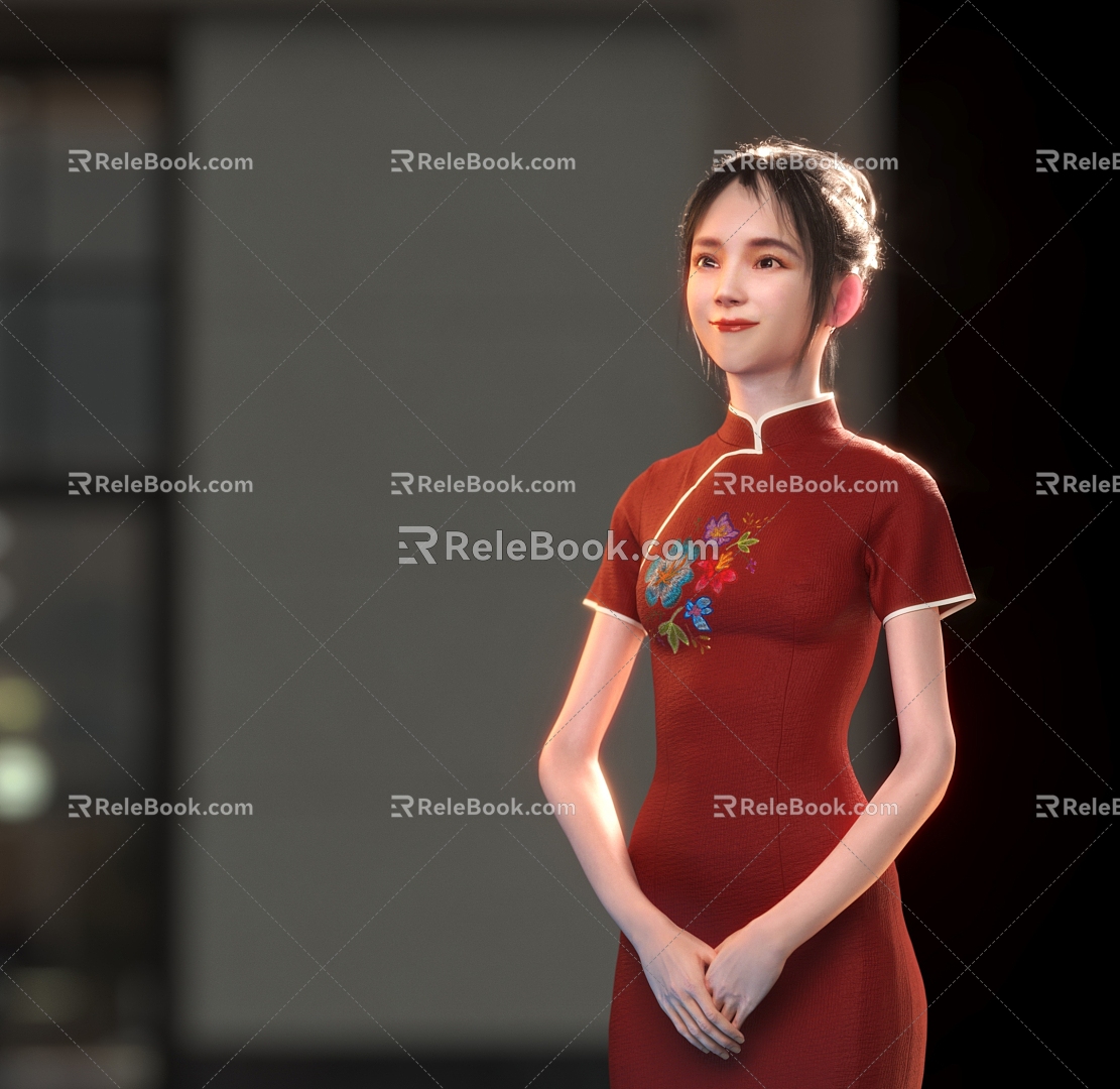 Welcome little sister door etiquette waiter beauty cheongsam woman 3d model