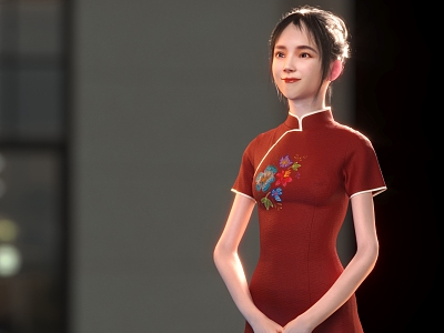 Welcome little sister door etiquette waiter beauty cheongsam woman 3d model