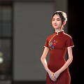 Elegant Woman In Red Short Sleeved Qipao With Floral Embroidery Standing Gracefully