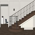 Modern Staircase Interior With Metal Railing Wooden Steps Blue Chair And Wall Lamp