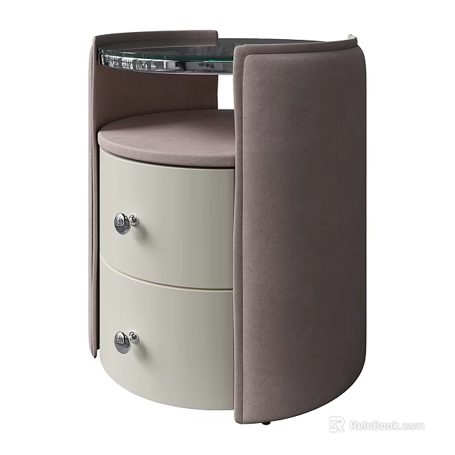 Modern Round Design Bedside Table With Upholstered Panels Two Drawers And Metal Handles 3d model 