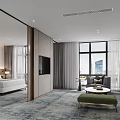 Modern Hotel Room Interior With King Bed Decorative Wall Seating Area And Patterned Rug