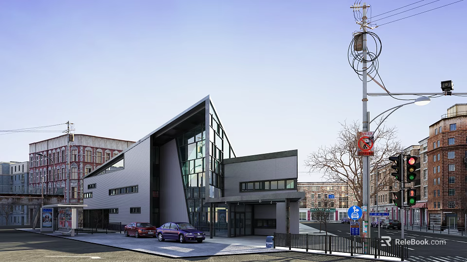 Modern Sales Office Building With Geometric Glass Facade And Street View Parked Cars 3d model 